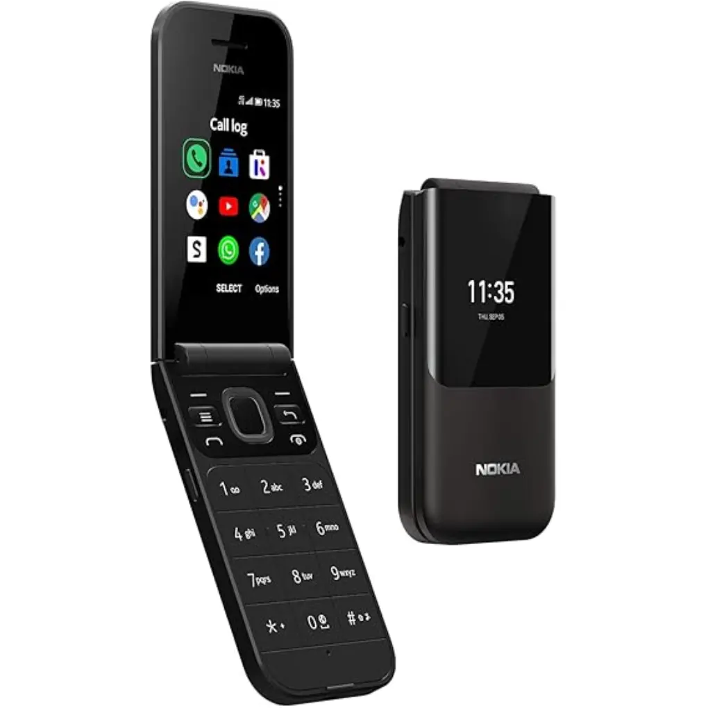 Nokia 2720 black flip phone open showing call log screen and closed showing outer display clock